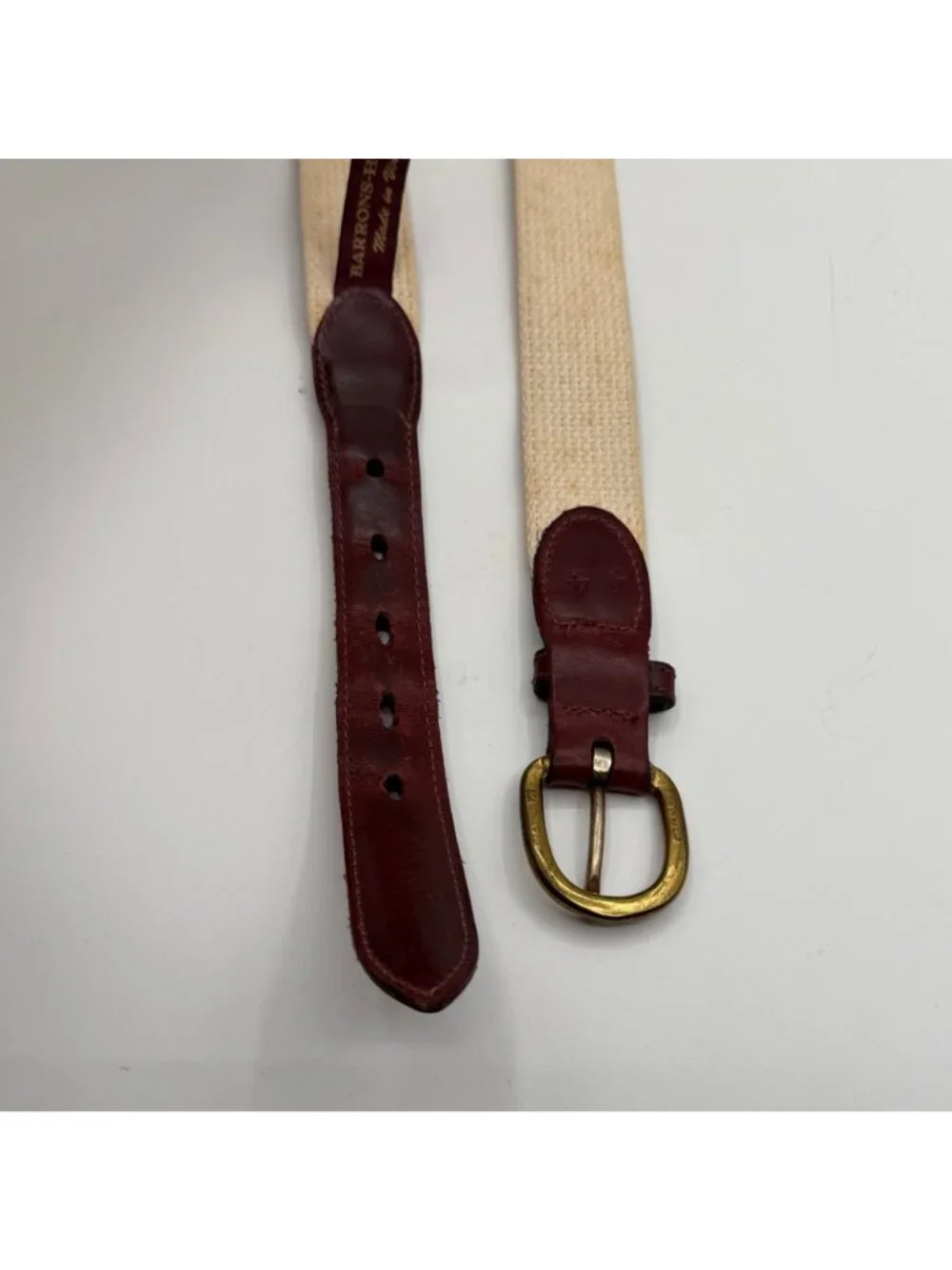 Vintage Barrons-Hunter Canvas & Leather Navy Blue Fish Print Belt Preppy Size 44